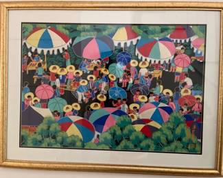 051 Framed Asian Market Scene Folk Art Print