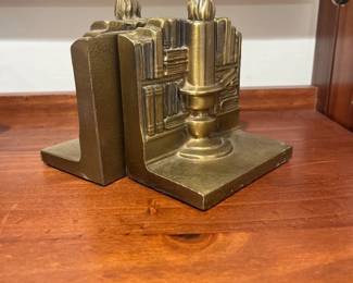 024 Antique Brass Bookends with Candle and Books Motif