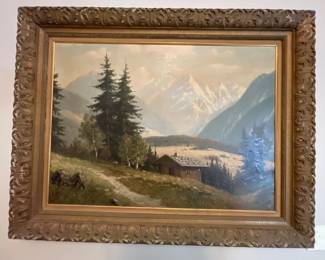 087 Alpine Mountain Landscape Oil Painting in Ornate Carved Frame