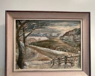 163 KT Rutteneutter 1962 Original Oil Painting Winter Landscape with River Scene