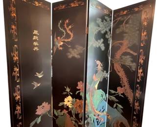 167 Chinese Black Lacquer 4Panel Folding Screen with Phoenix Peony