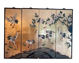 116 Asian FourPanel Wall Art Cranes Peonies Gold Leaf Screen Panels