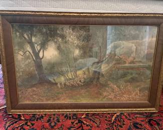 086 Antique Pastoral Landscape Watercolor Print in Gilt Wood Frame