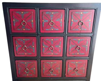 153 AsianStyle Black Red 9Drawer Chest with Floral Motif