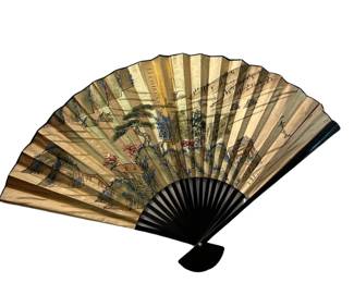 093 Large Decorative Asian Wall Fan with Gold Landscape Painting