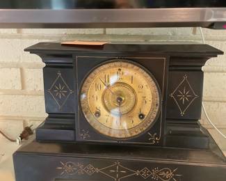 147 Antique Black Slate Mantel Clock with Gold Dial