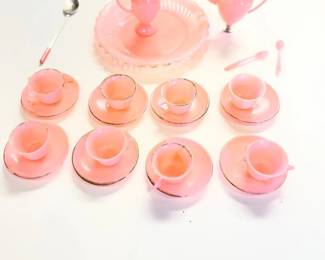 052 Vintage Miniature Pink Plastic Tea Set with Gold Trim