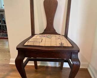150 Antique Oak Queen Anne Side Chair with Claw Feet Map Needlepoint Seat