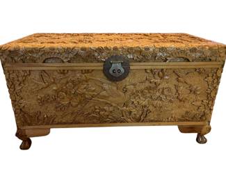 074 Antique Chinese Carved Camphor Wood Blanket Chest