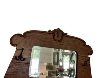 165 Antique Oak Hall Mirror with Coat Hooks Porcelain Knob Rail