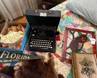Stained Glass Panel, Florida Pennant, Vtg Dolls, Typewriter 