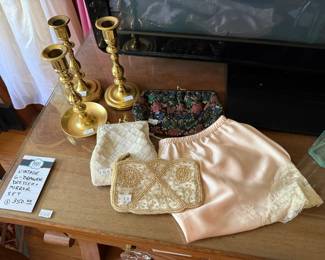 Vintage 6- Drawer Dresser & Mirror Set, Vtg Beaded Purse, Candlestick Holders  