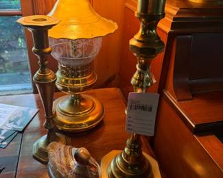 Tall Brass Candlestick, Caramel Slag Duck on Nest 