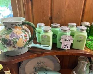 McKee Jadeite Salt & Pepper Shakers, Ceramic Pitcher 