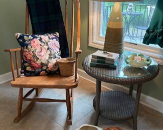 Wooden Rocking Chair, Wicker Glass Top Table, Decorative Table Lamp