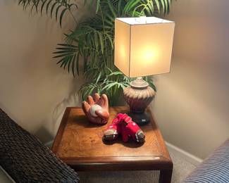 Wooden Side Table, Decorative Table Lamp, Faux Plants