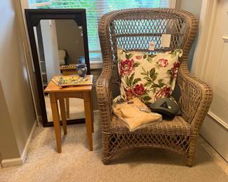 Wicker Chair, Mirror, Wooden Side Table