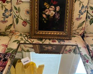 Vito Ruggeri "Antique Floral" Painting, Mirrored Tray