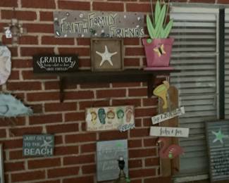 Wood shelf with items.