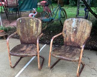 2 old metal chairs. Needs sanding and painting. The color was original green. Price: $90.00 pr.
