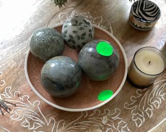 The wood round carved tray on plant stand with balls in bowl. Price of tray and stand is: $160.00