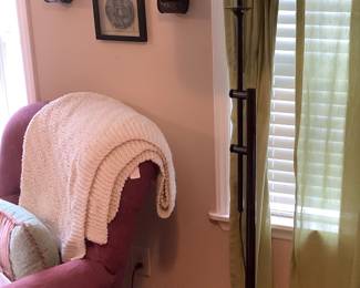Lazy Boy Rose colored tufted chair with throw. Price: $185.00