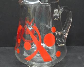 Glass Pitcher with Red Abstract Design