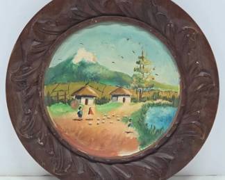 Round Framed Painting With Wood Frame