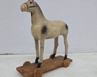 Antique Painted Wooden Horse on Wheels