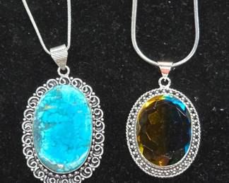 Turquoise and Crystal Necklaces on Silver Chains
