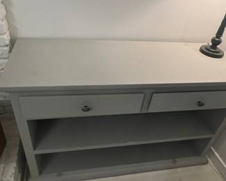 Gray Two-Drawer Console Table with Open Shelving