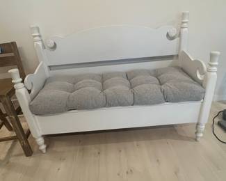 White Wooden Storage Bench with Tufted Cushion