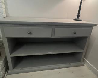 Gray Two-Drawer Console Table with Open Shelving
