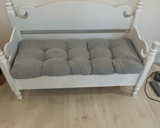 White Wooden Storage Bench with Tufted Cushion