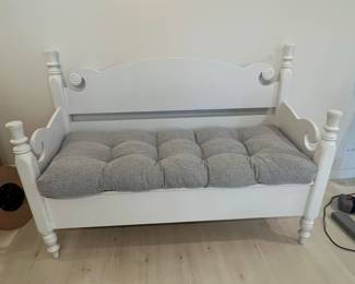 White Wooden Storage Bench with Tufted Cushion