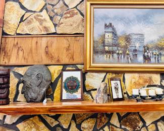 big heavy carved tiki, large bronze bust, American legion mirror, geode bookends