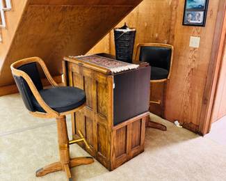 retro 70s 80s bar with stools, ice bucket