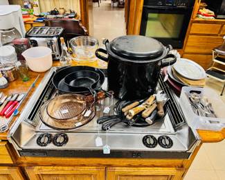 cast iron, Visions cookware, great vintage knives, flatware set