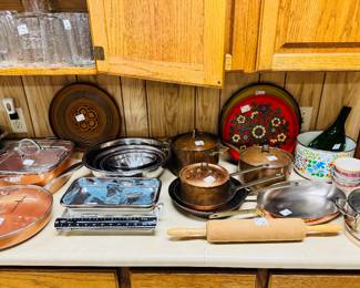 copper pots and pans, midcentury enamel bowl, etc