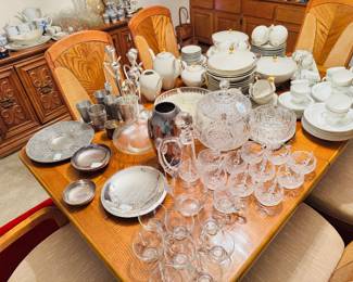 serving pieces, cut glass cider or punch set, pewter, silverplate