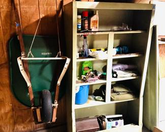 Wheelbarrow, Metal Cabinet, Garage Supplies