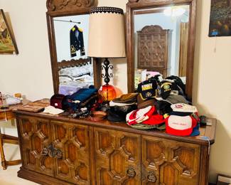 Vintage Dresser w/Mirrors, Amberina Lamp, Wool Scarves, Trucker Hats
