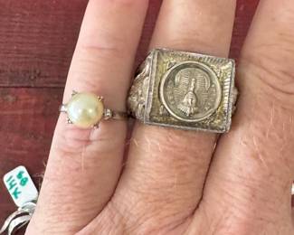gold and pearl ring, HUGE vintage Egyptian themed silver mens ring