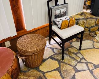 wicker hamper, bookends, side chair