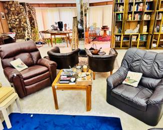 leather club chair, recliner, end tables