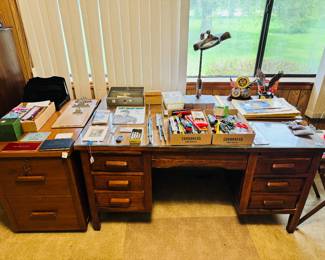 Wood Army Desk, Vintage Desk Lamp, Office Supplies, Wood File Cabinet