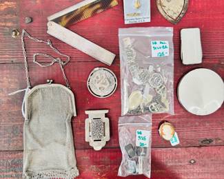 all silver, flapper purse, bookmark, compact, cameo, money clips