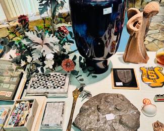 German vase, stamps, fossil
