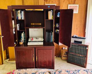 Computer Armoire, Office Supplies, Encyclopedias in Bookcase, Big Persian Rug