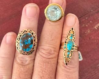 all gold rings, persian turquoise and blue/green big stone